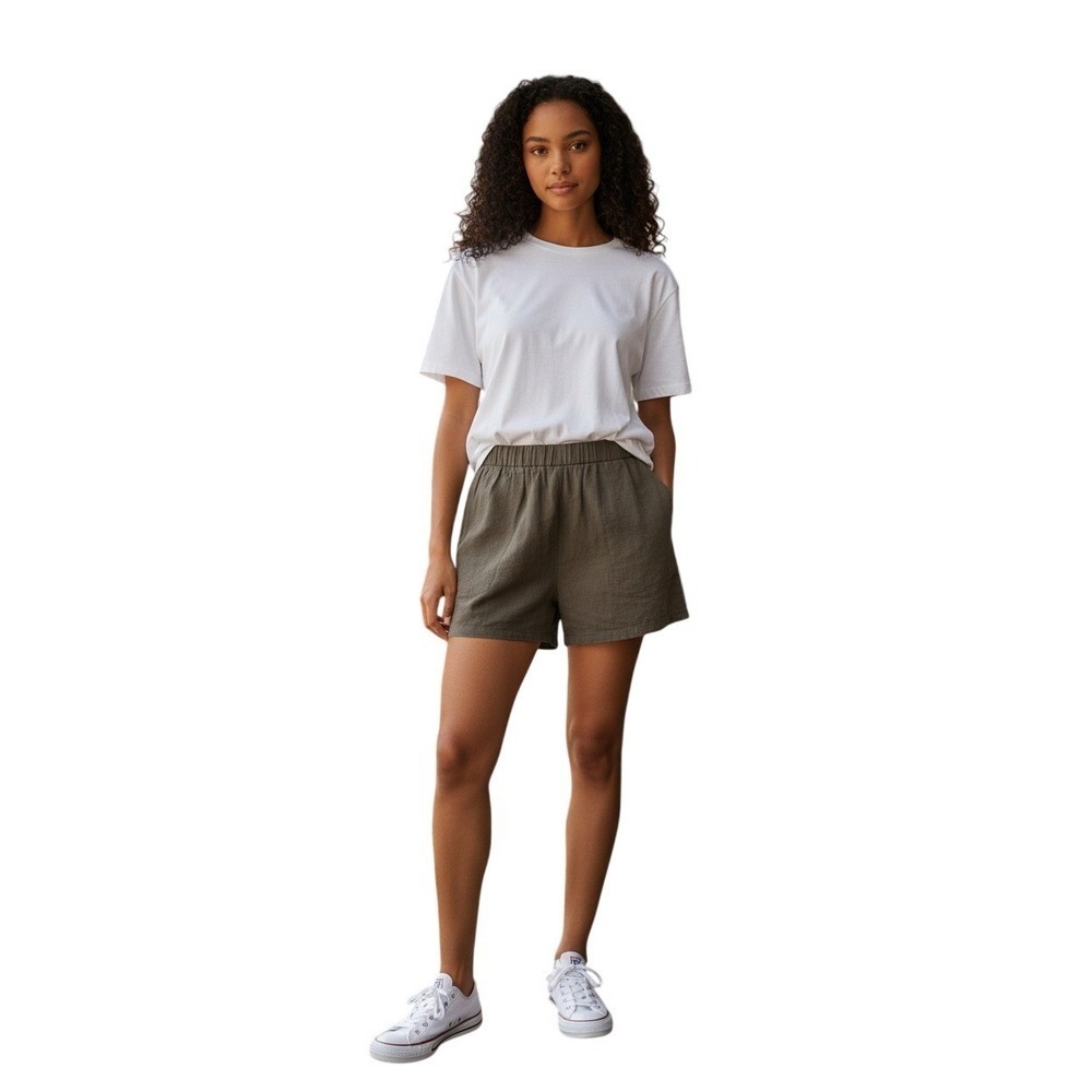Comfortable Relaxed Olive Green Linen Rayon Pleated Shorts Sz S Coastal Vacation